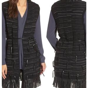 Nic + Zoe Belted Fuse Black Metallic Fringe Open Front Vest Sweater, Size S